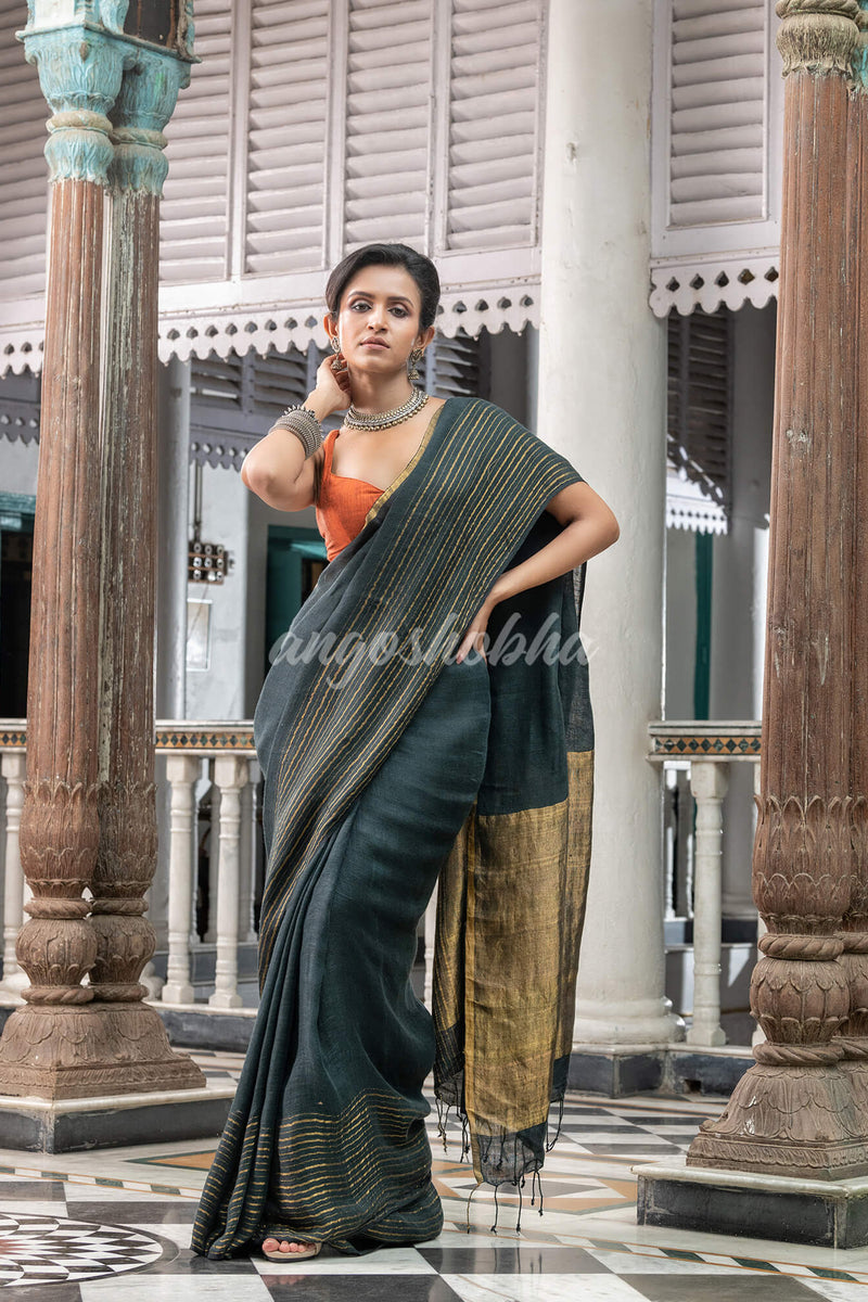 Charcoal Linen Handloom Saree