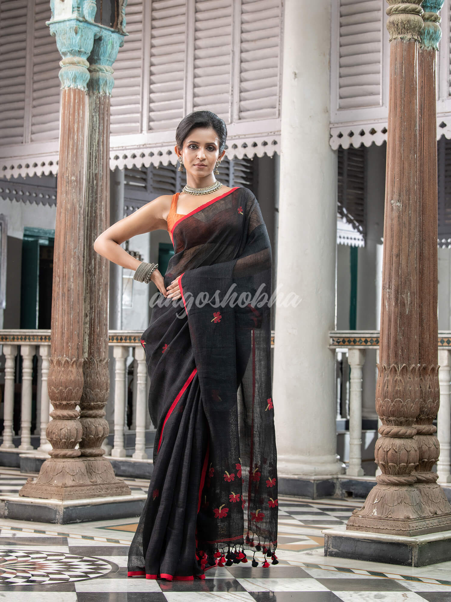 pure black linen handloom Saree online shopping