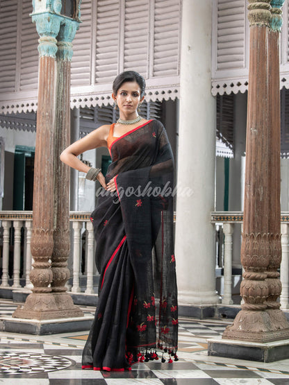 Black Linen Handloom Saree for women online