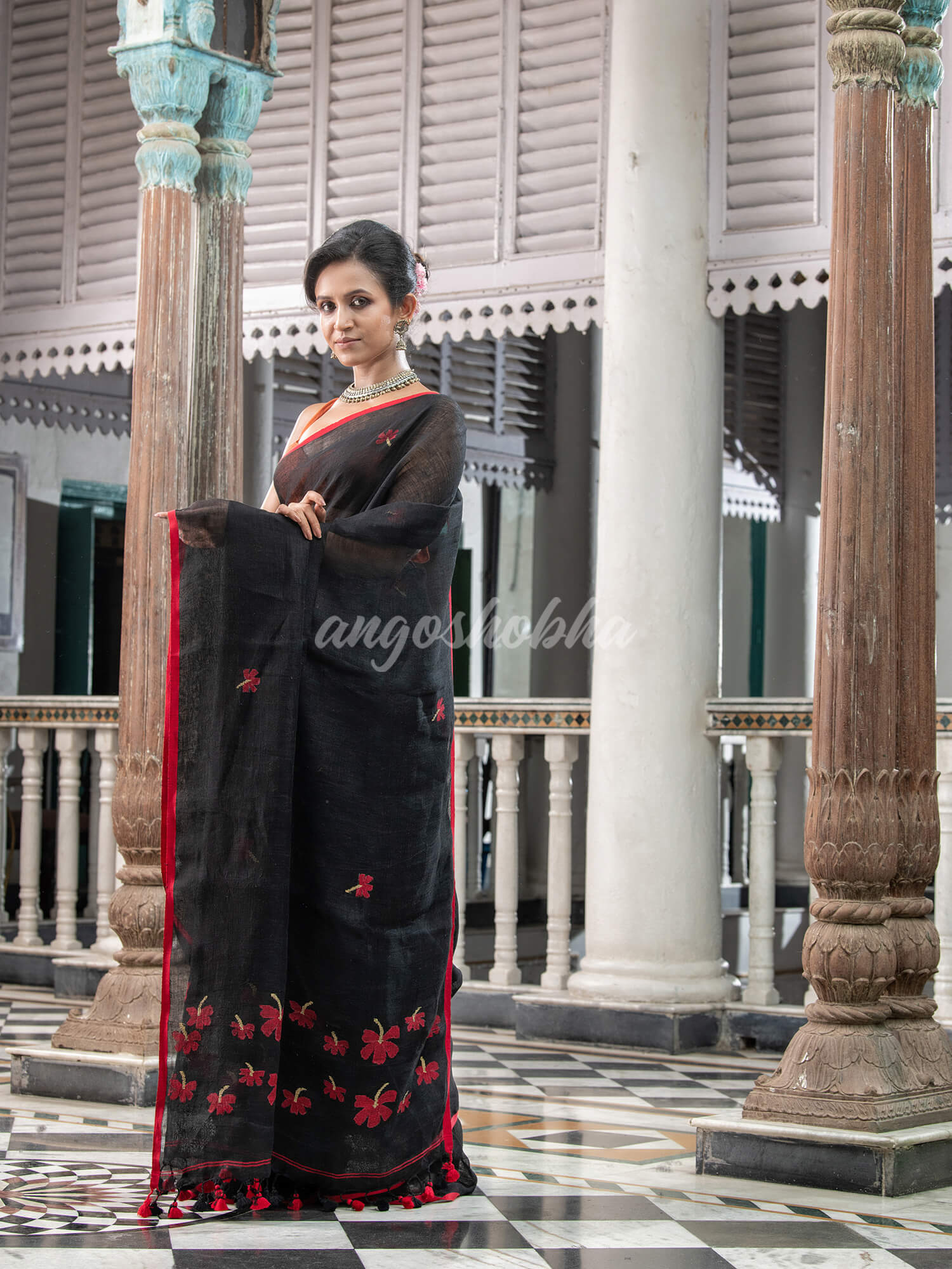 pure black linen handloom Saree online shopping