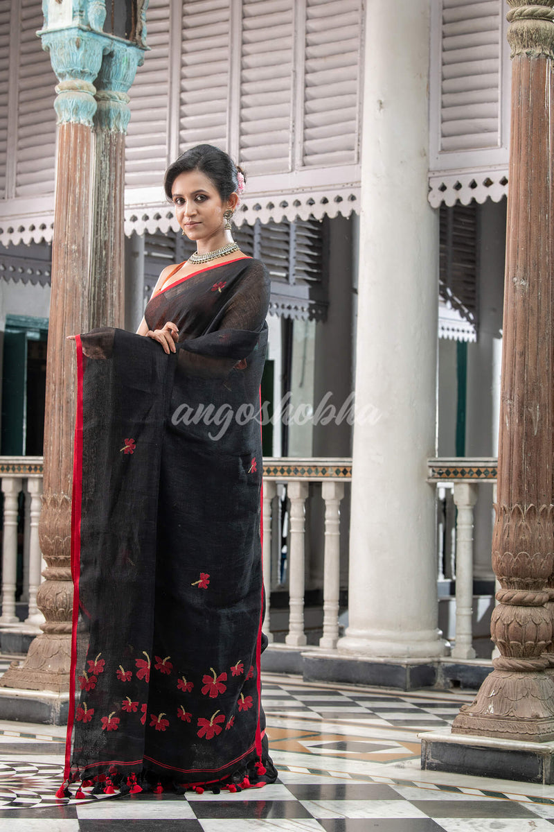 Black Linen Handloom Saree