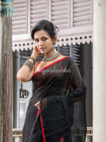 Black Linen Handloom Saree for women