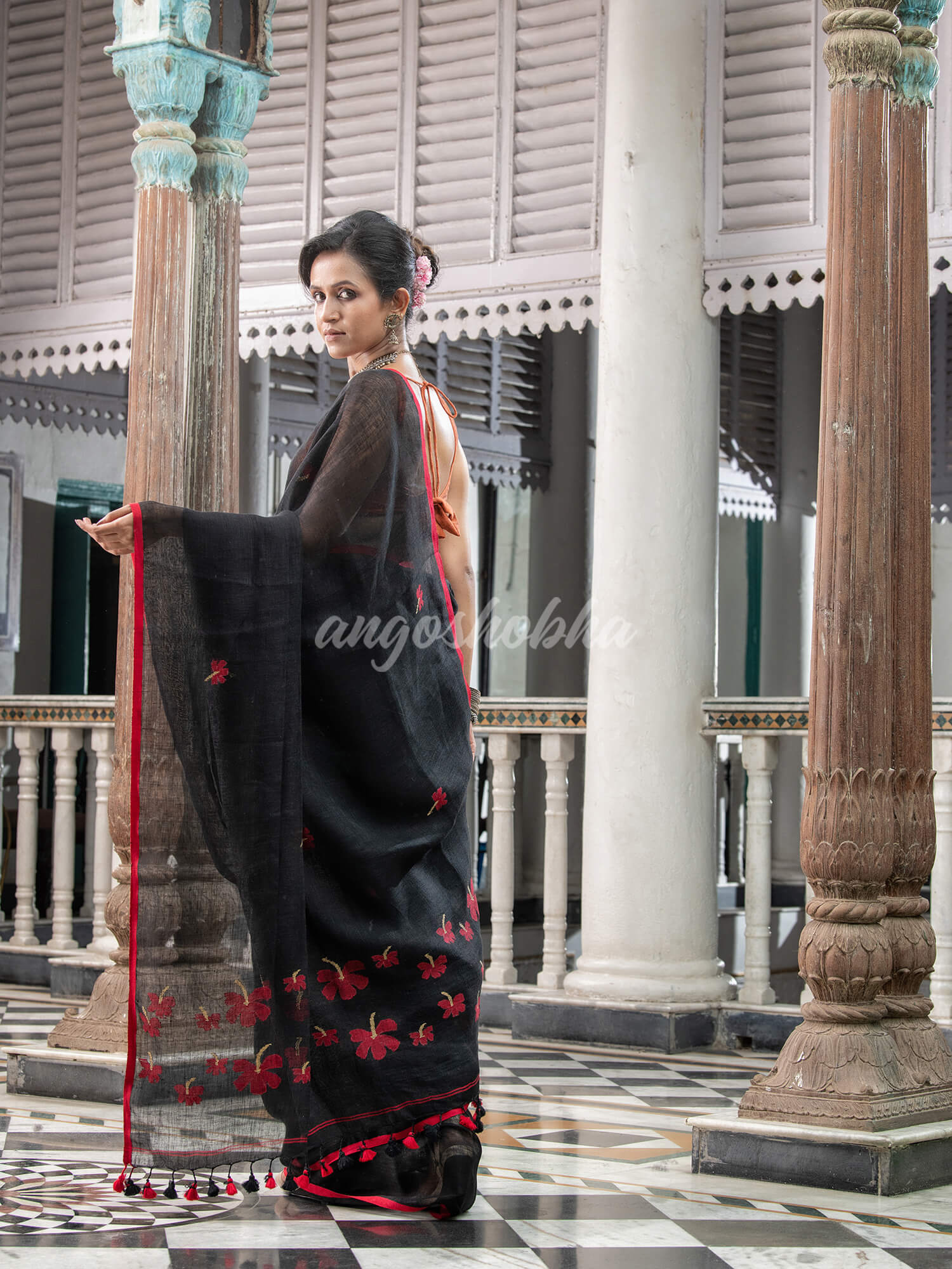 Black Linen Handloom Saree for women wholesale price