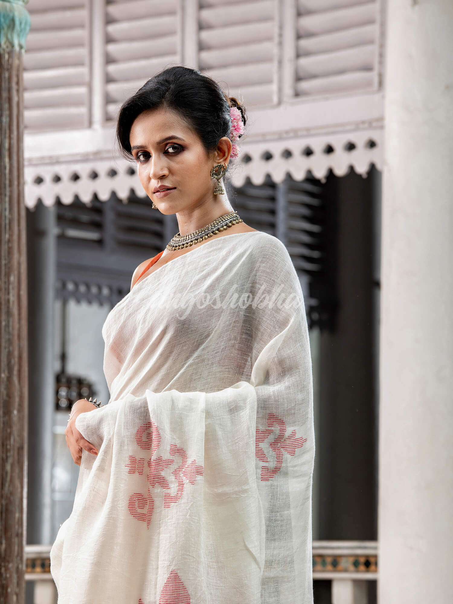 pure White Linen Handloom Saree for women online shopping