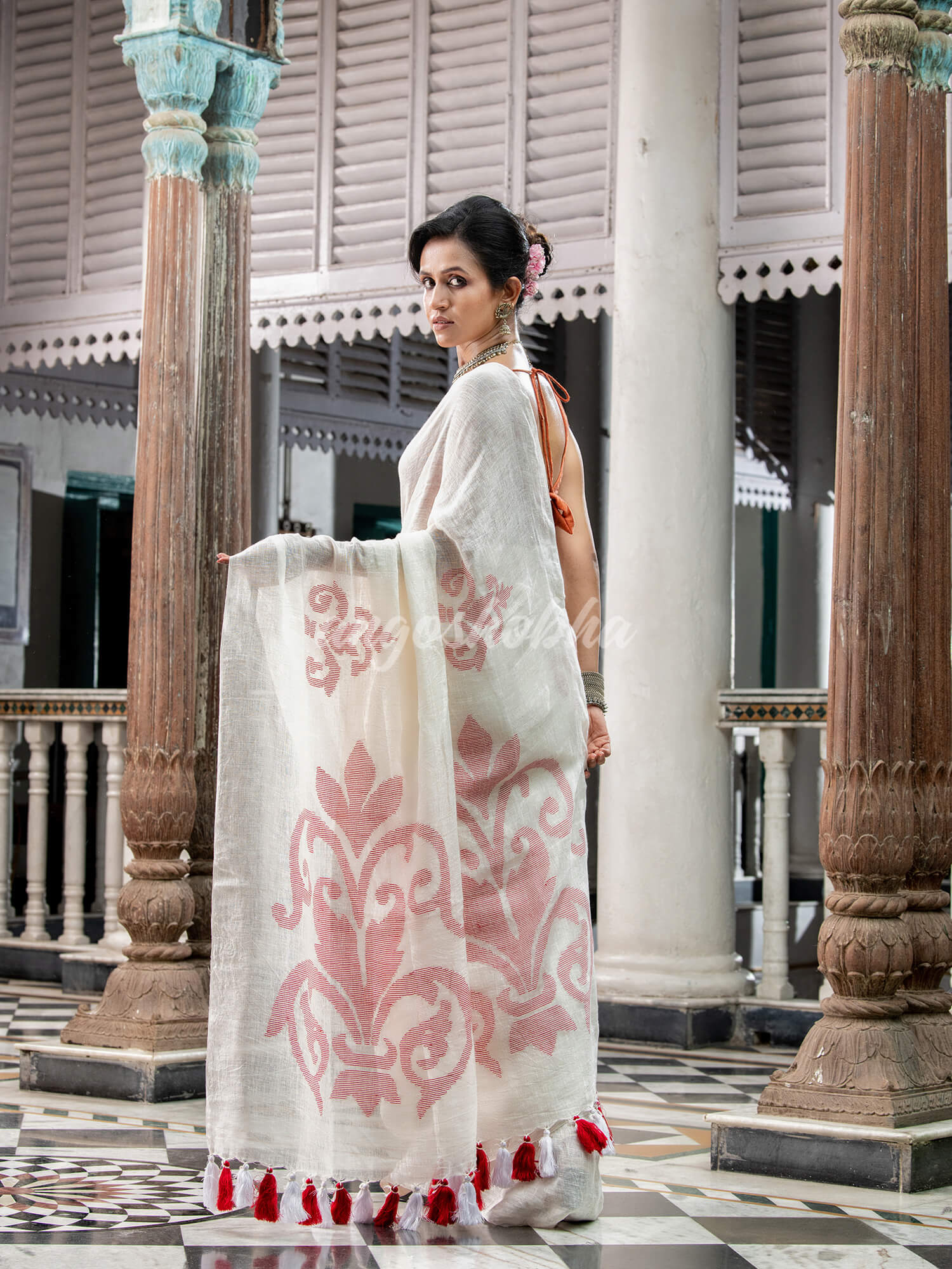 White Linen Handloom Saree