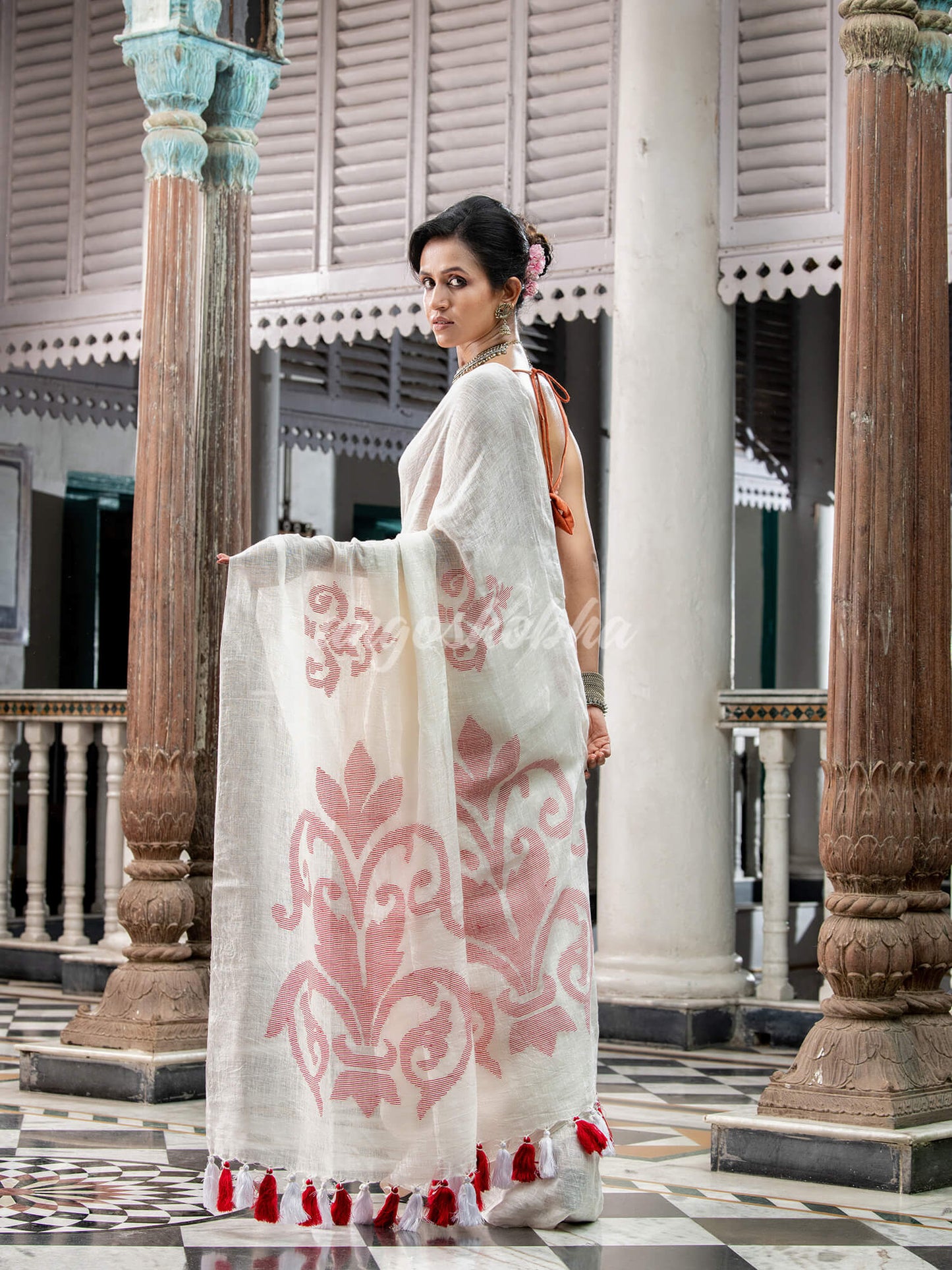 White Linen Handloom Saree for women 