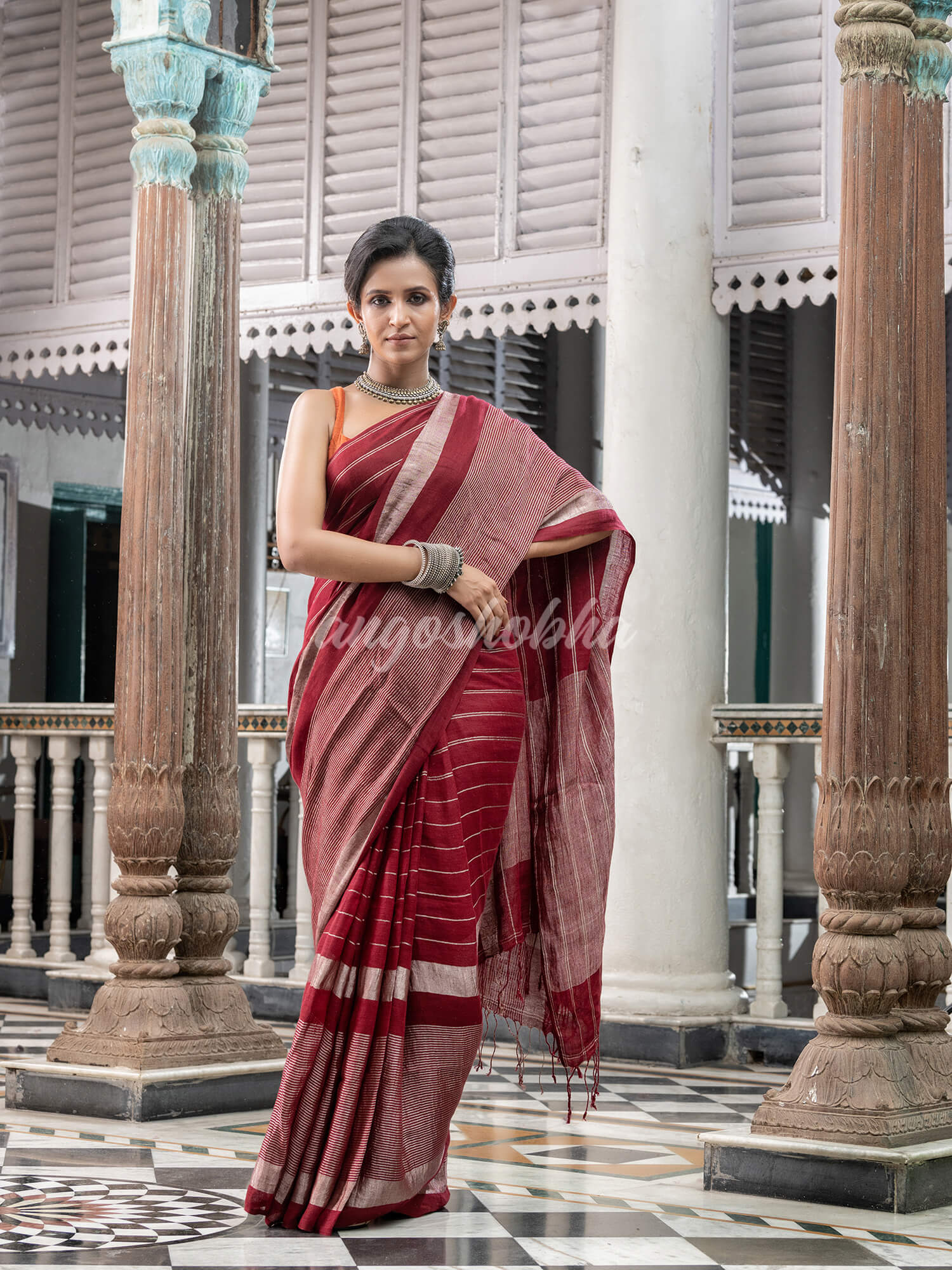 Maroon Linen Handloom Saree