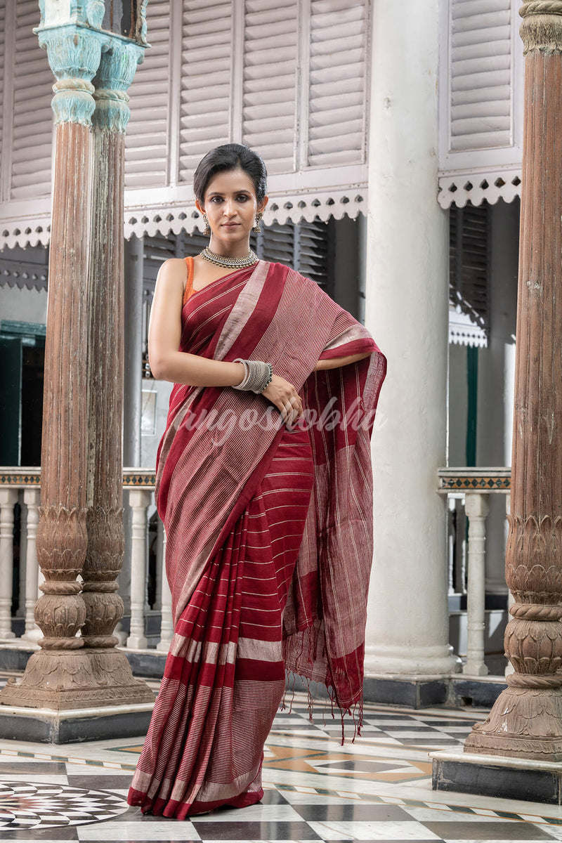 Maroon Linen Handloom Saree