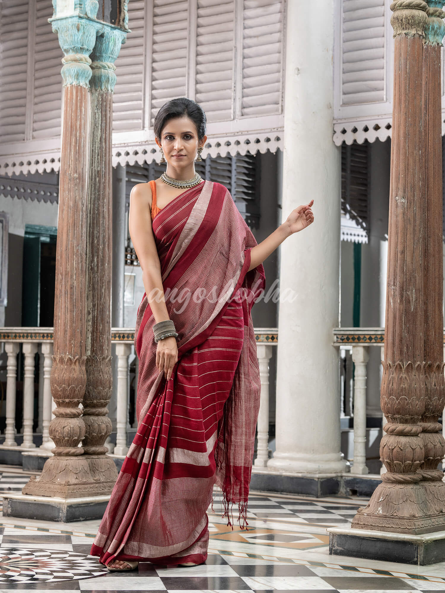 Maroon Linen Handloom Saree for women online