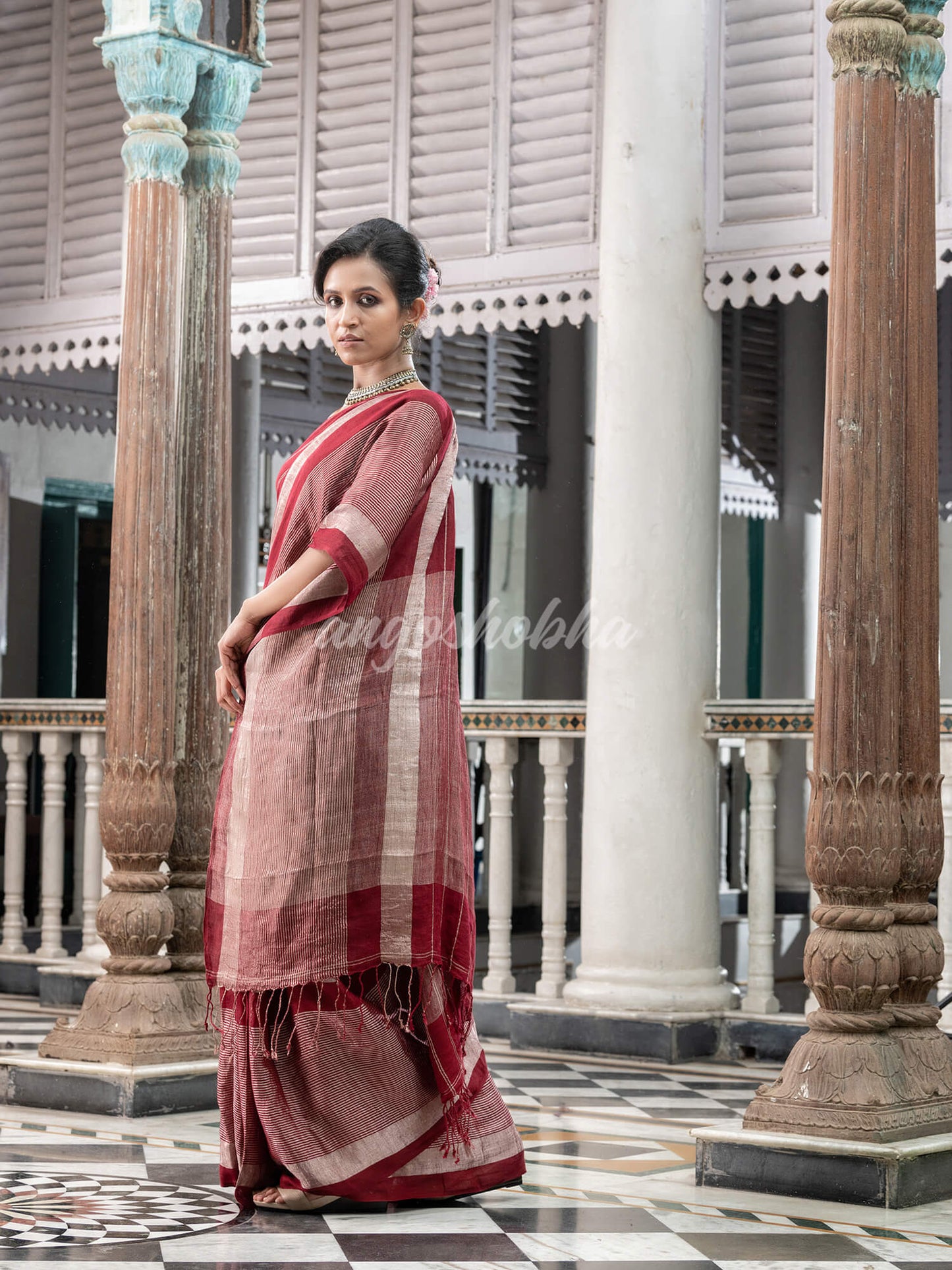 Maroon Linen Handloom Saree online