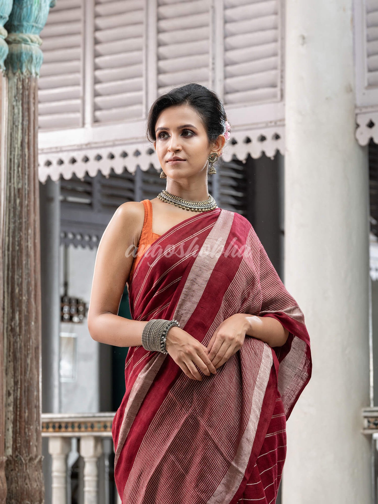 Maroon Linen Handloom Saree