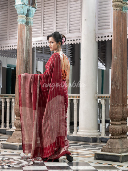 Maroon Linen Handloom Saree