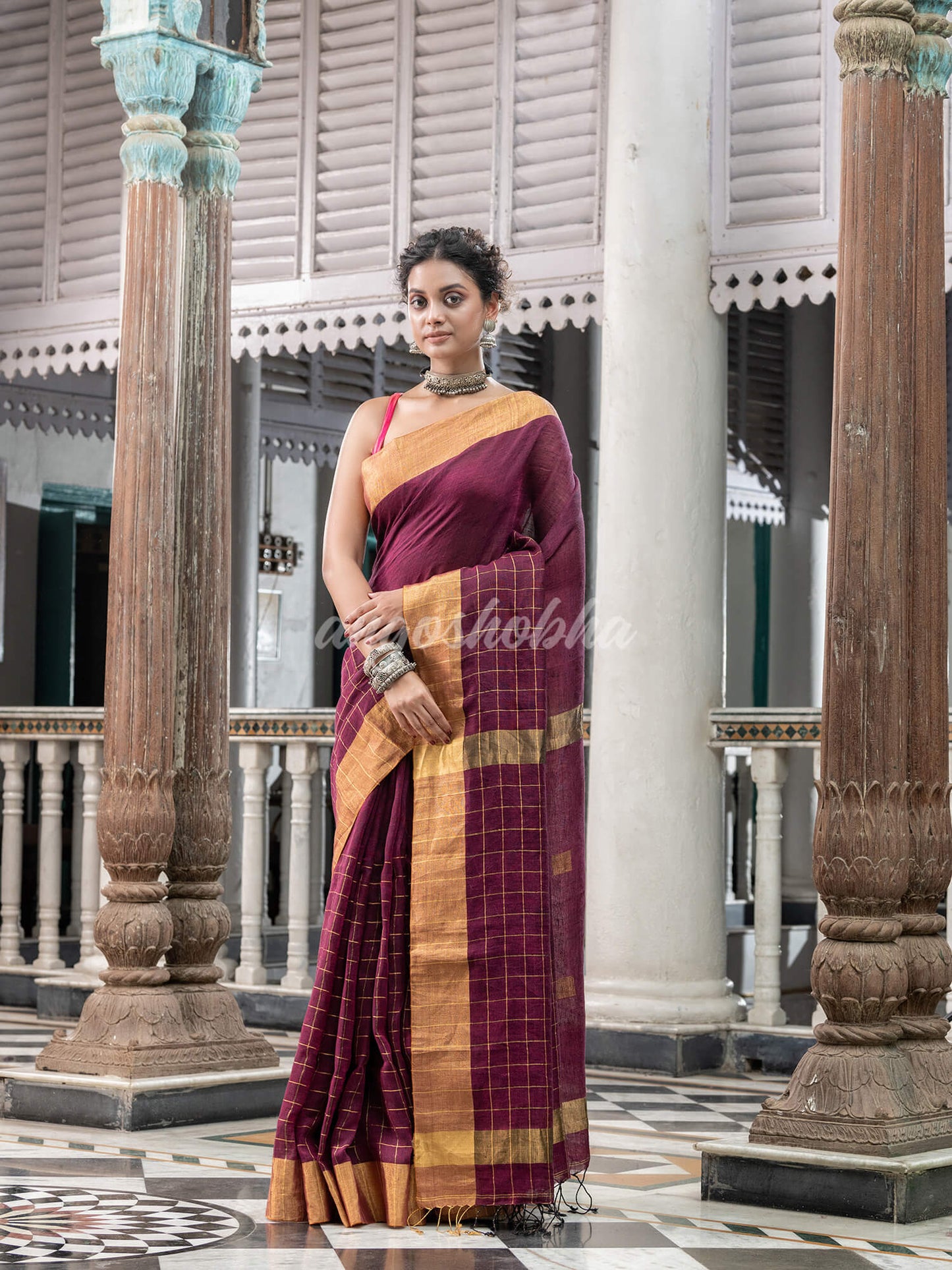 Magenta Linen Handloom Saree