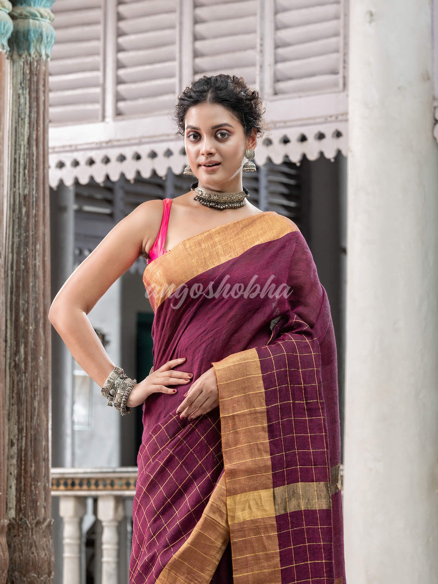 Magenta Linen Handloom Saree