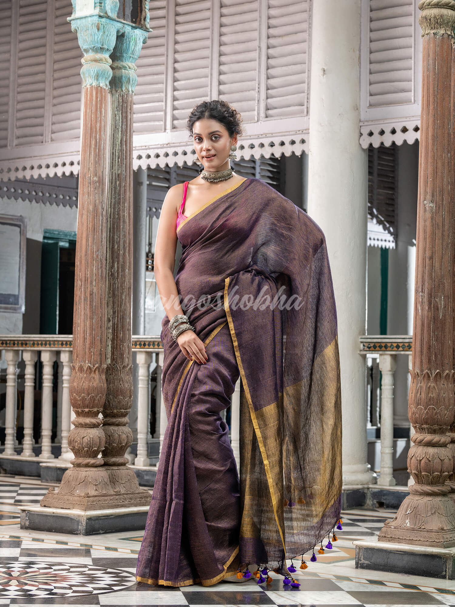 Purple Linen Handloom Saree for women