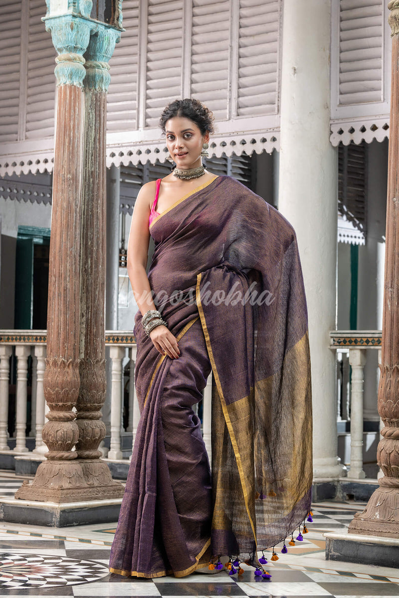 Purple Linen Handloom Saree
