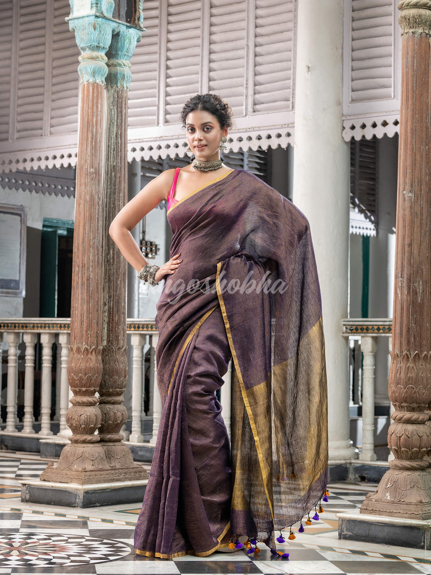 Purple Linen Handloom Saree for women online