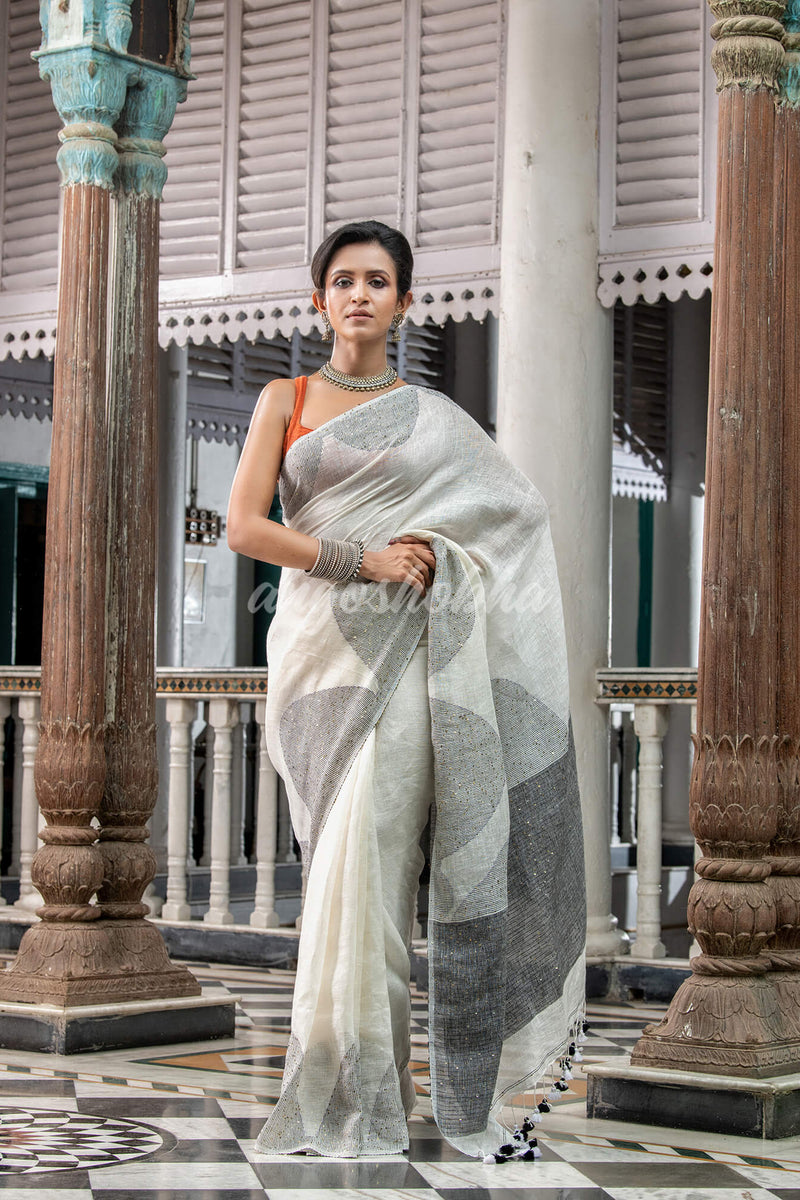 White Linen Handloom Saree
