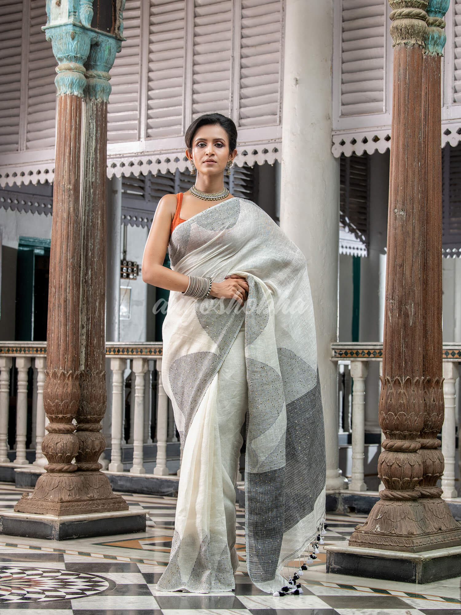 White Linen Handloom Saree