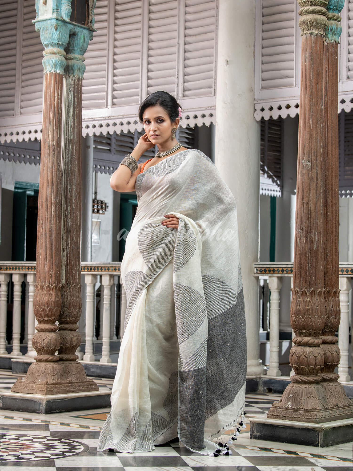 White Linen Handloom Saree for women