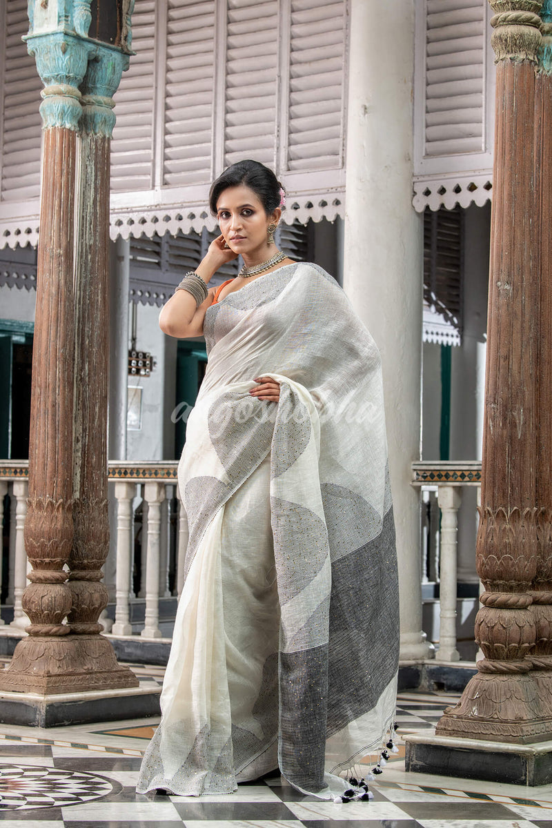 White Linen Handloom Saree