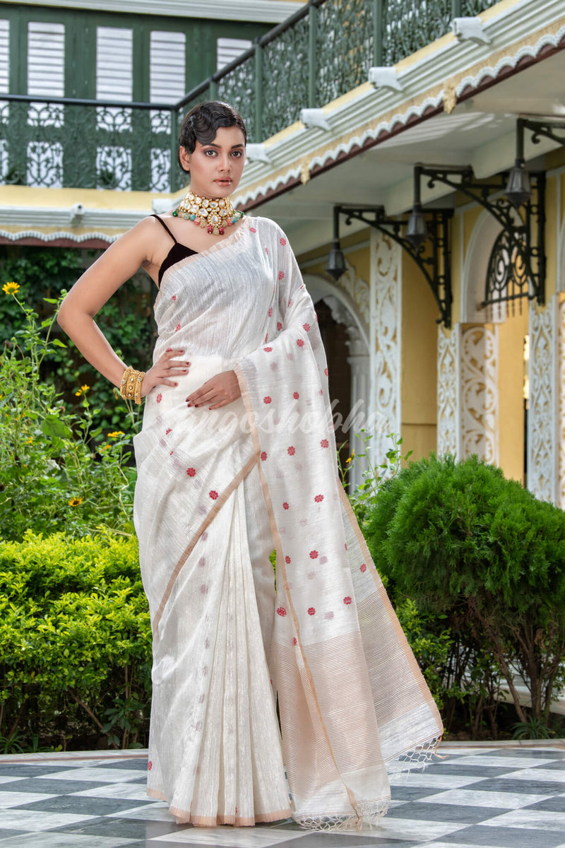 White Matka Silk Handloom Saree
