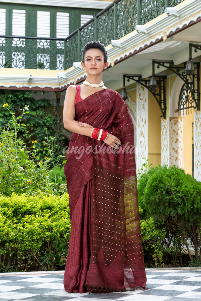 Maroon Silk Ghicha Handloom Saree