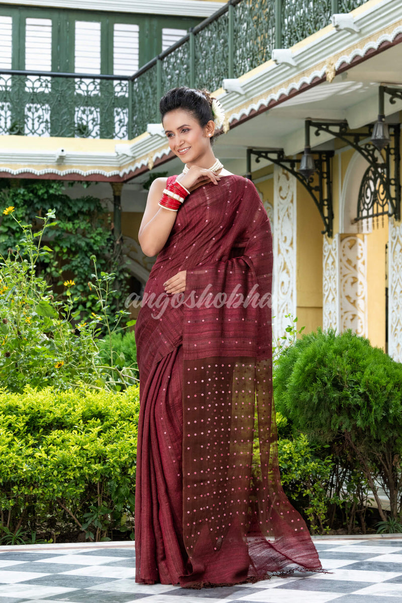 Maroon Silk Ghicha Handloom Saree