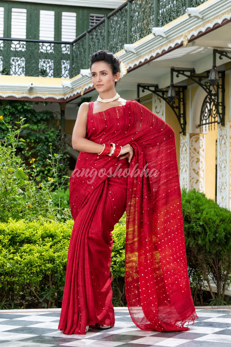 Red Silk Ghicha Handloom Saree