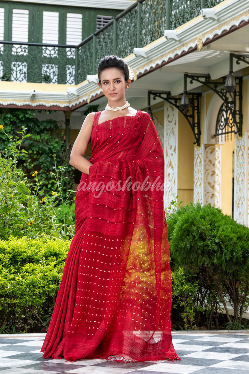 Red Silk Ghicha Handloom Saree