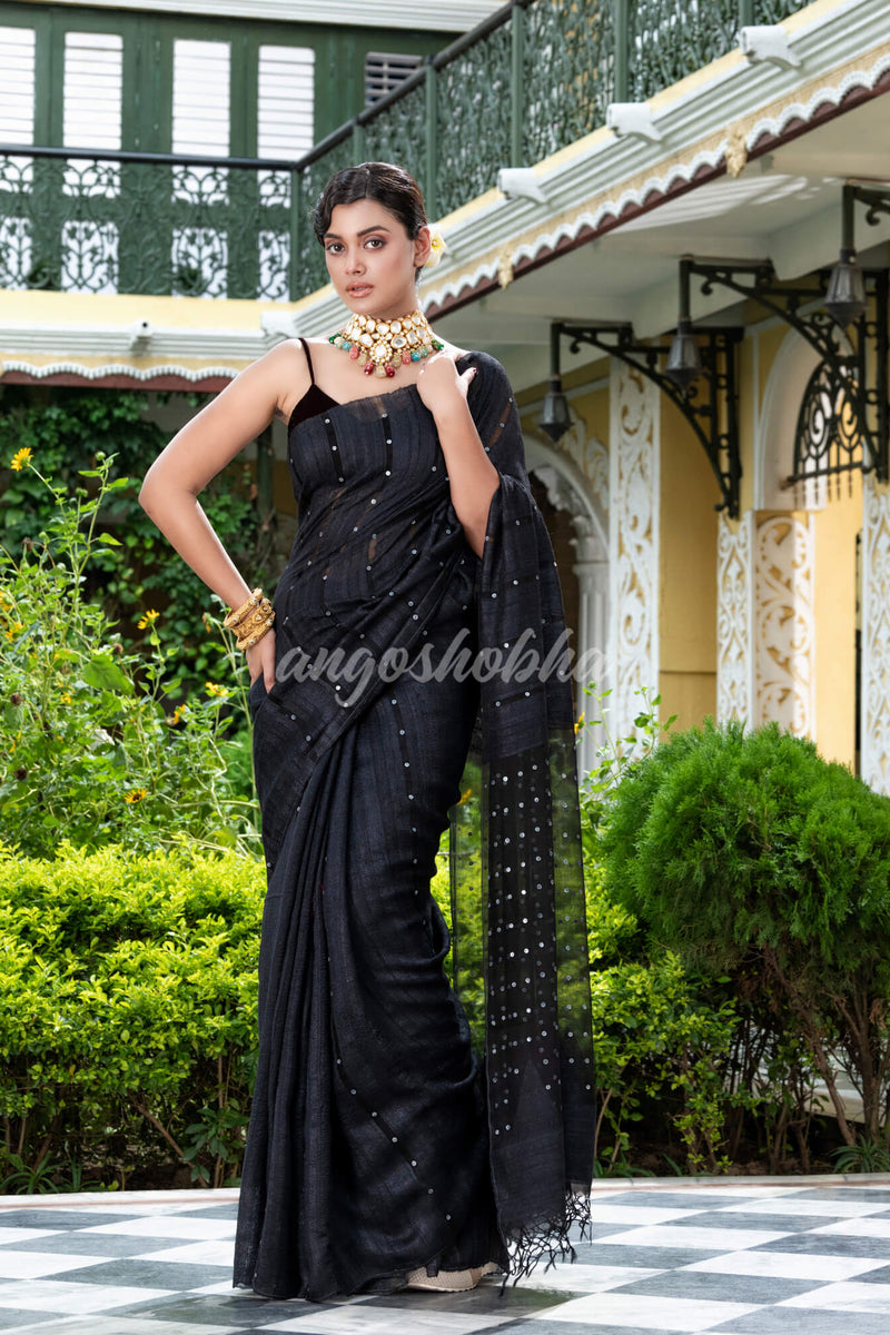 Black Silk Ghicha Handloom Saree