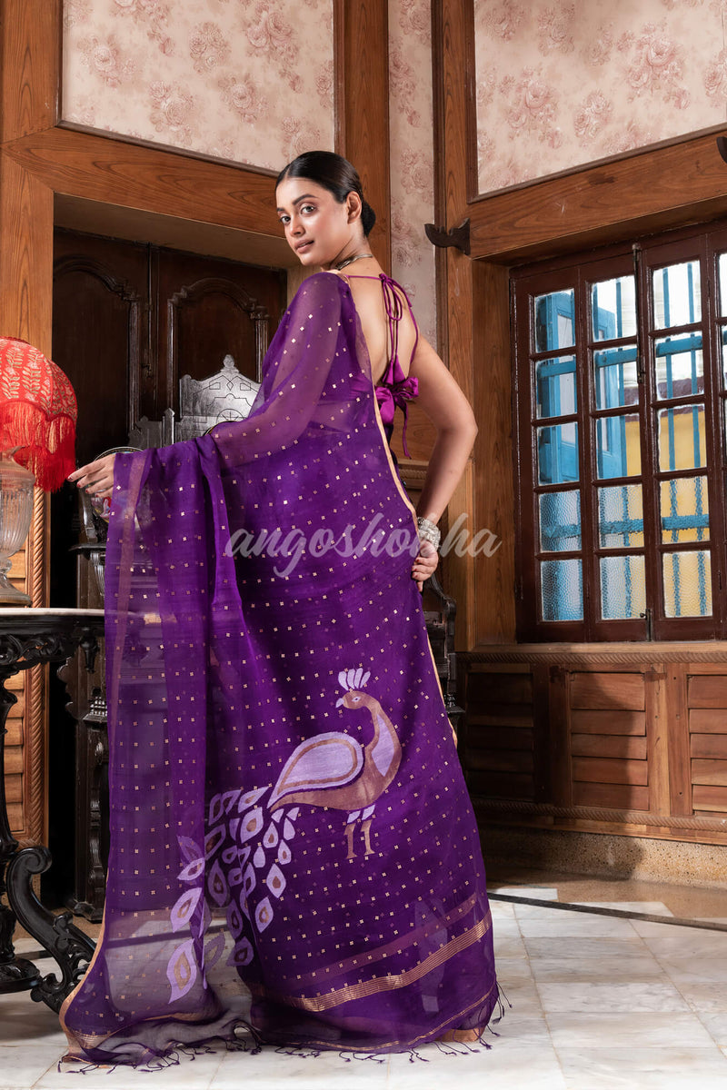Purple Silk Handloom Jamdani Saree