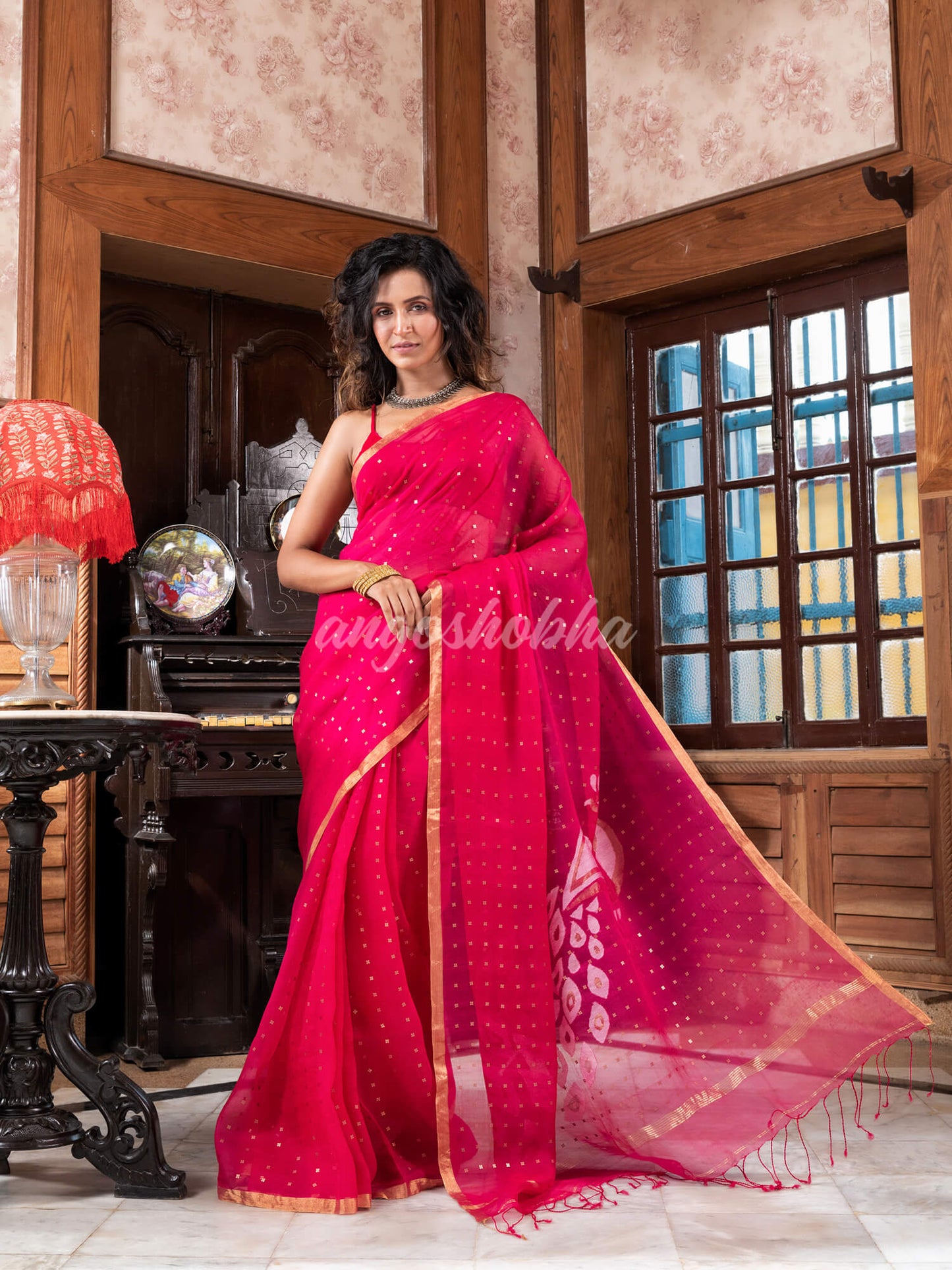 Pink Silk Handloom Jamdani Saree