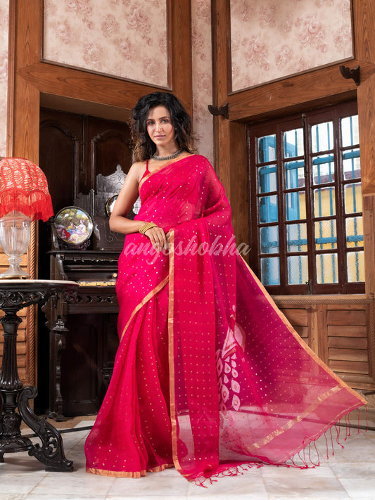 Pink Silk Handloom Jamdani Saree