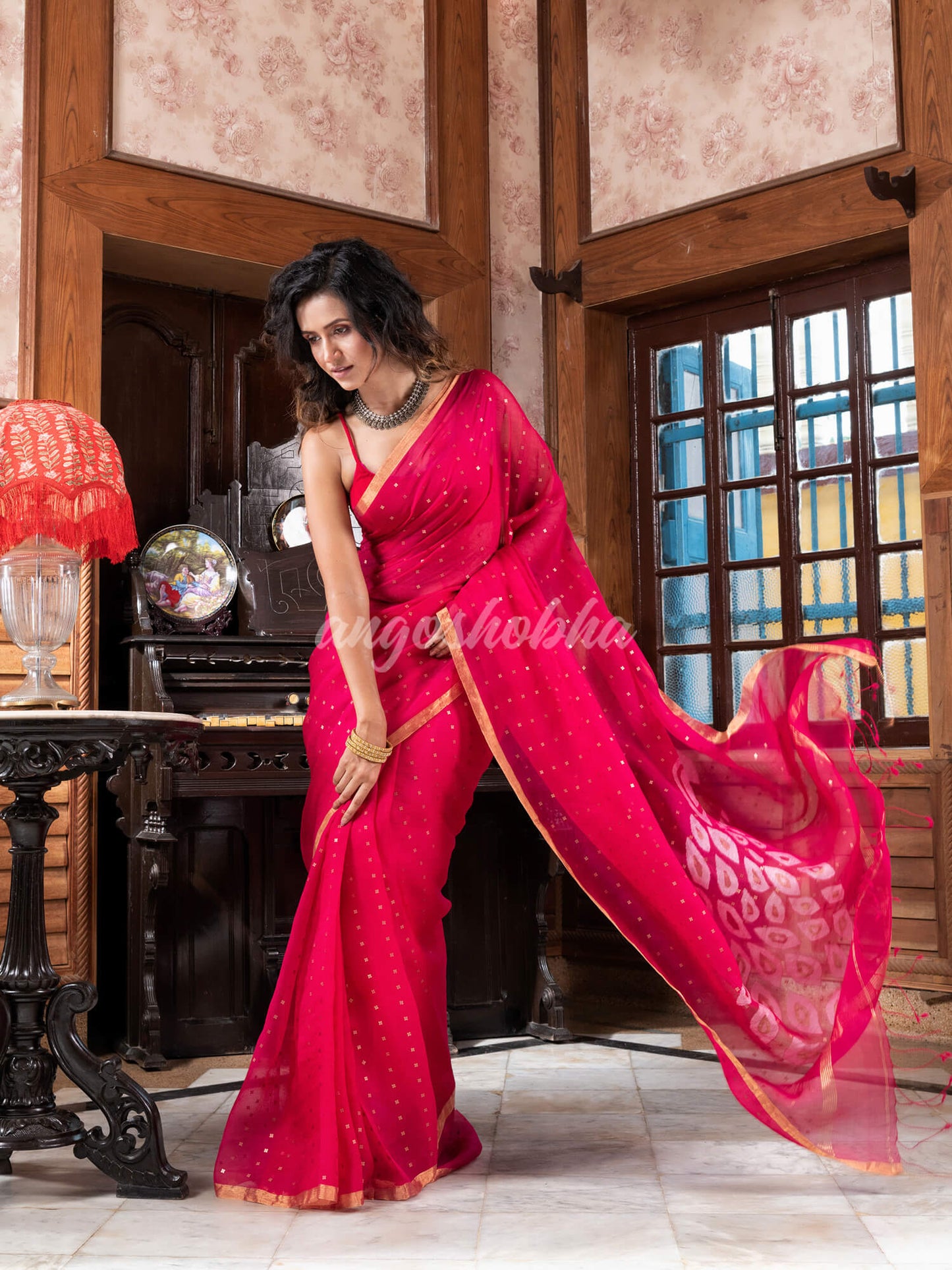 Pink Silk Handloom Jamdani Saree