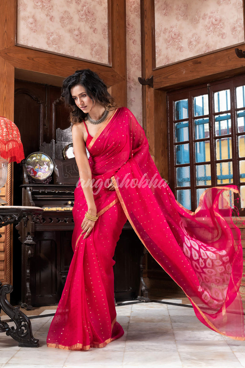 Pink Silk Handloom Jamdani Saree