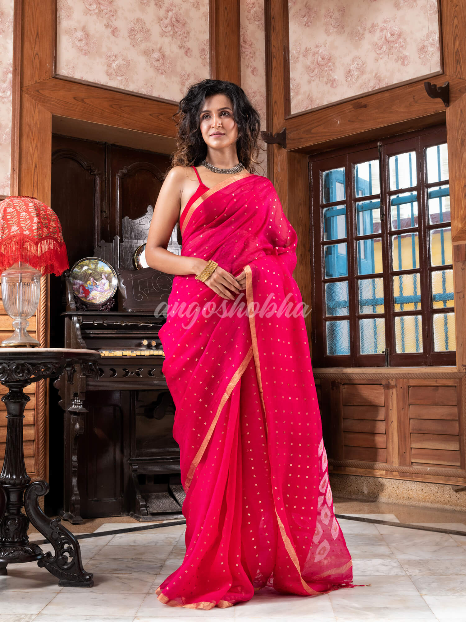 Pink Silk Handloom Jamdani Saree