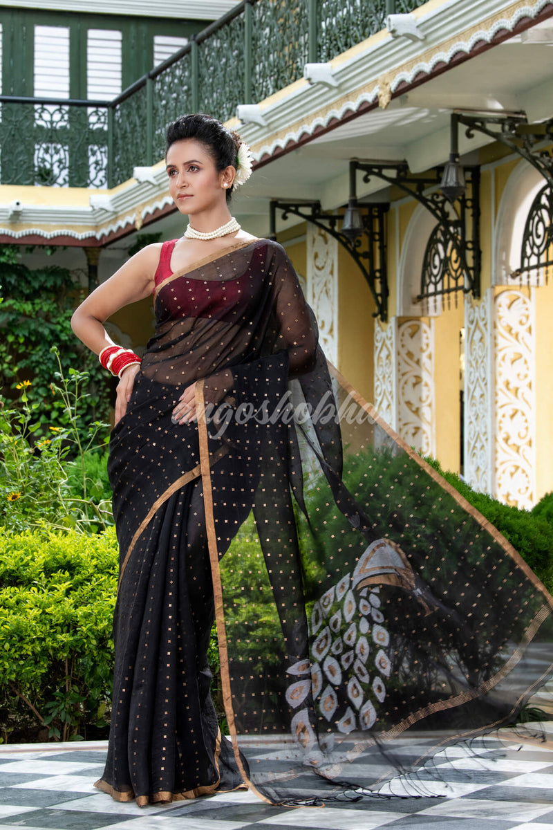 Black Silk Handloom Jamdani Saree