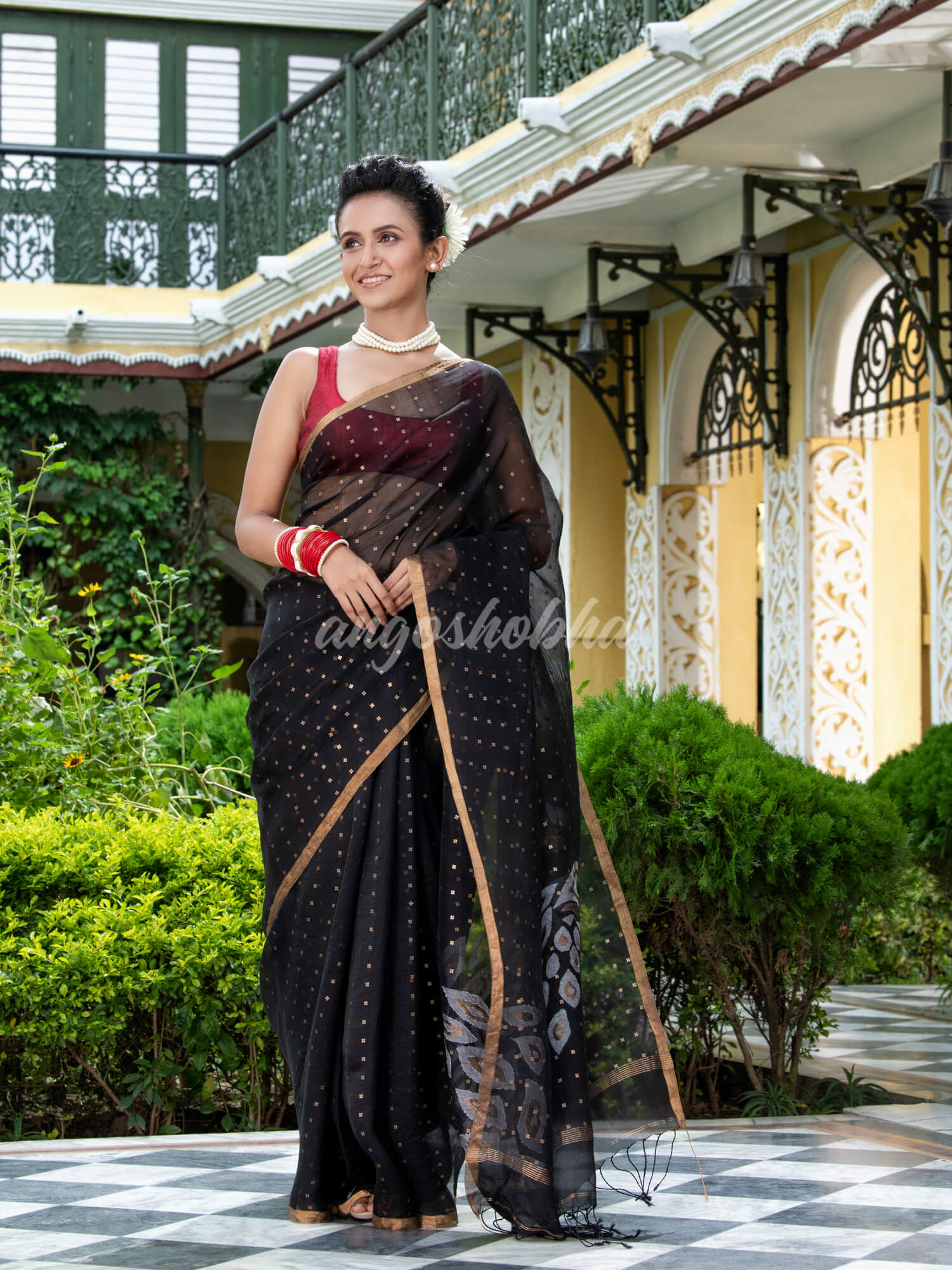 Black Silk Handloom Jamdani Saree