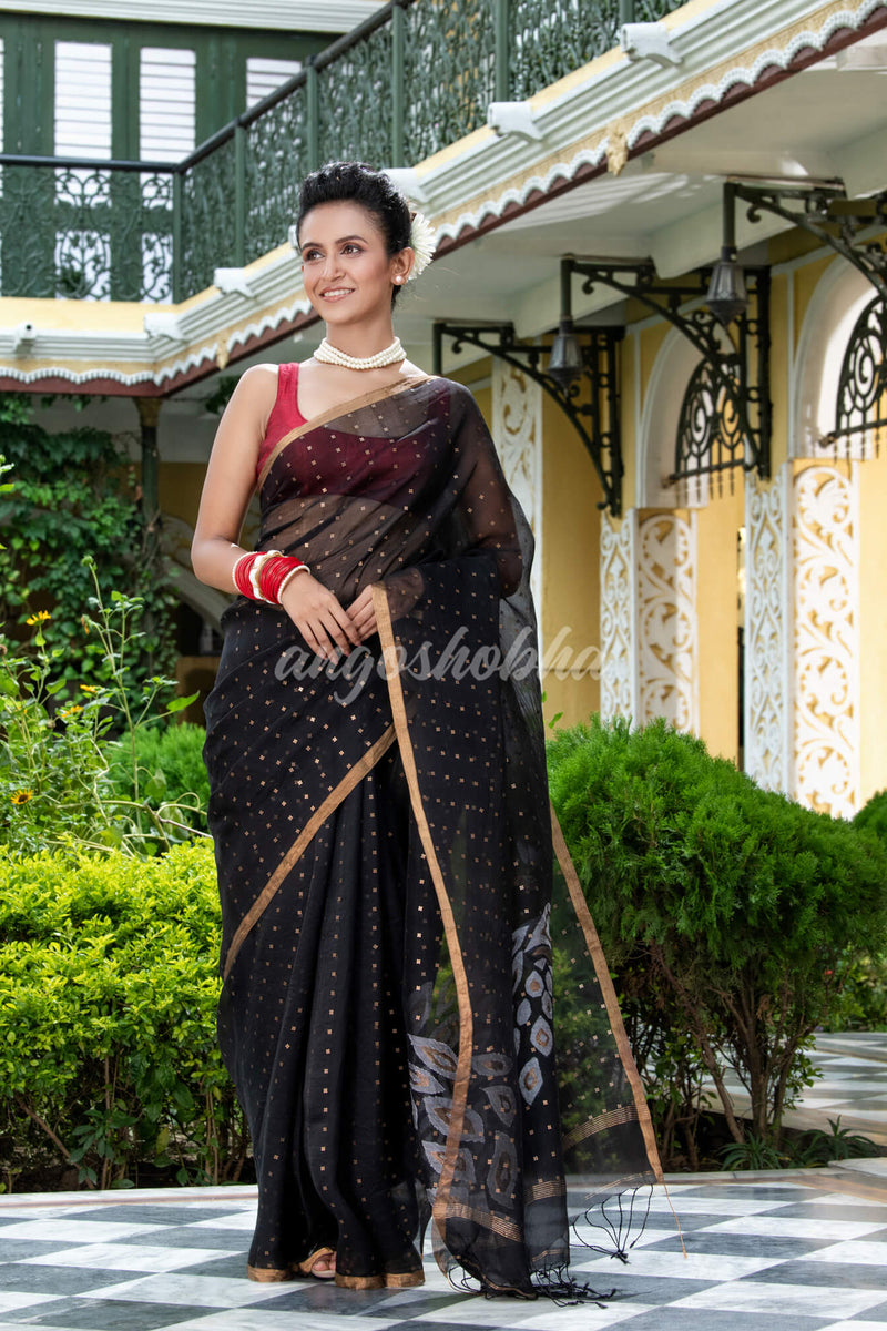 Black Silk Handloom Jamdani Saree