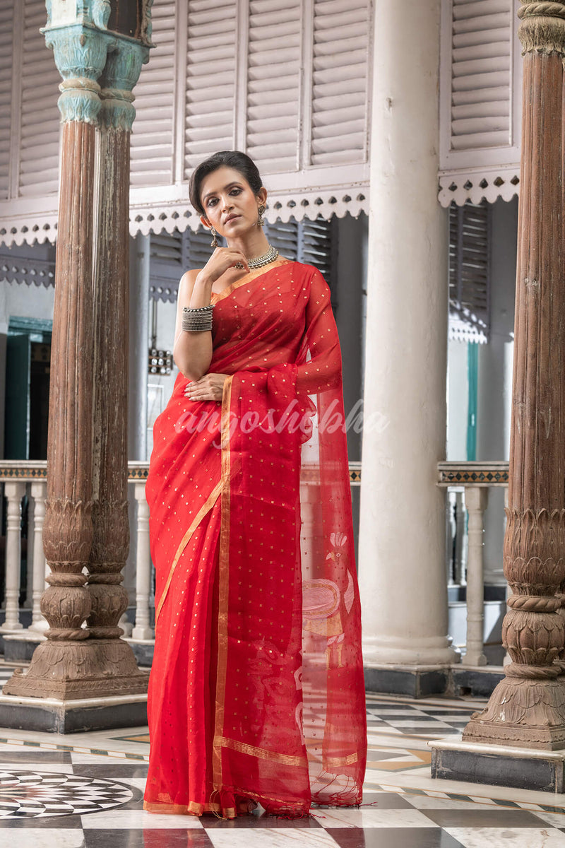 Red Silk Handloom Jamdani Saree