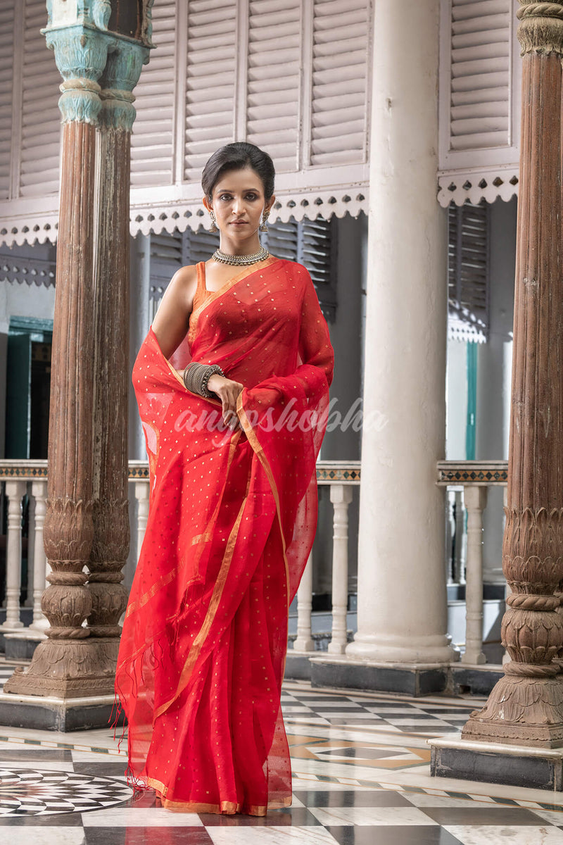 Red Silk Handloom Jamdani Saree