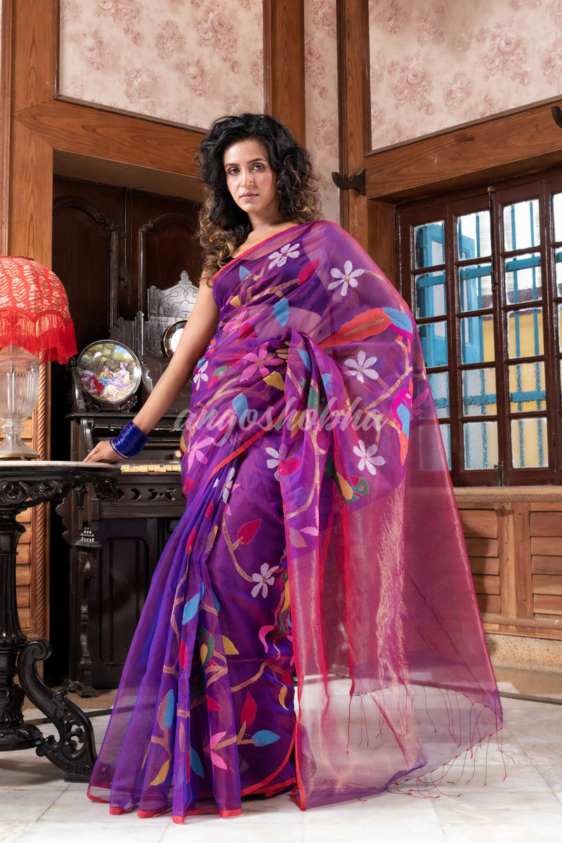 Purple Silk Handloom Jamdani Saree