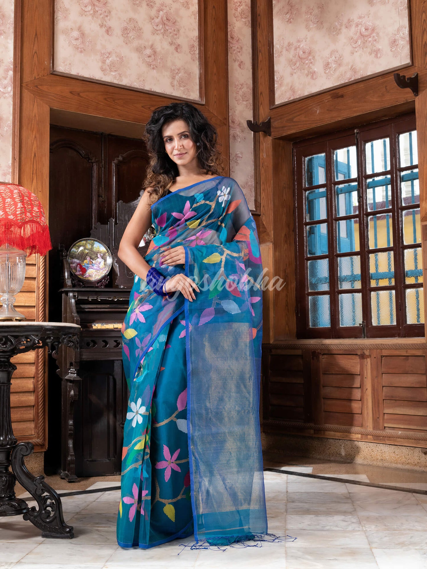 Turquoise Silk Handloom Jamdani Saree