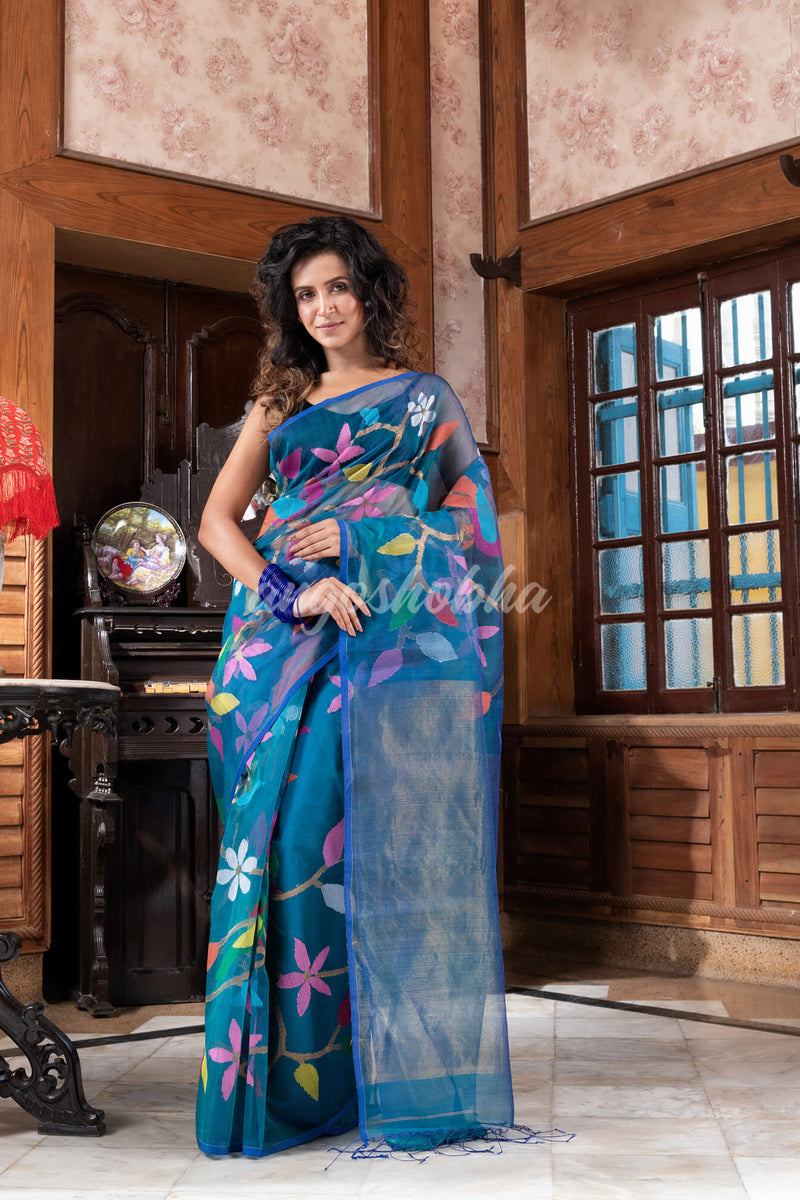 Turquoise Silk Handloom Jamdani Saree