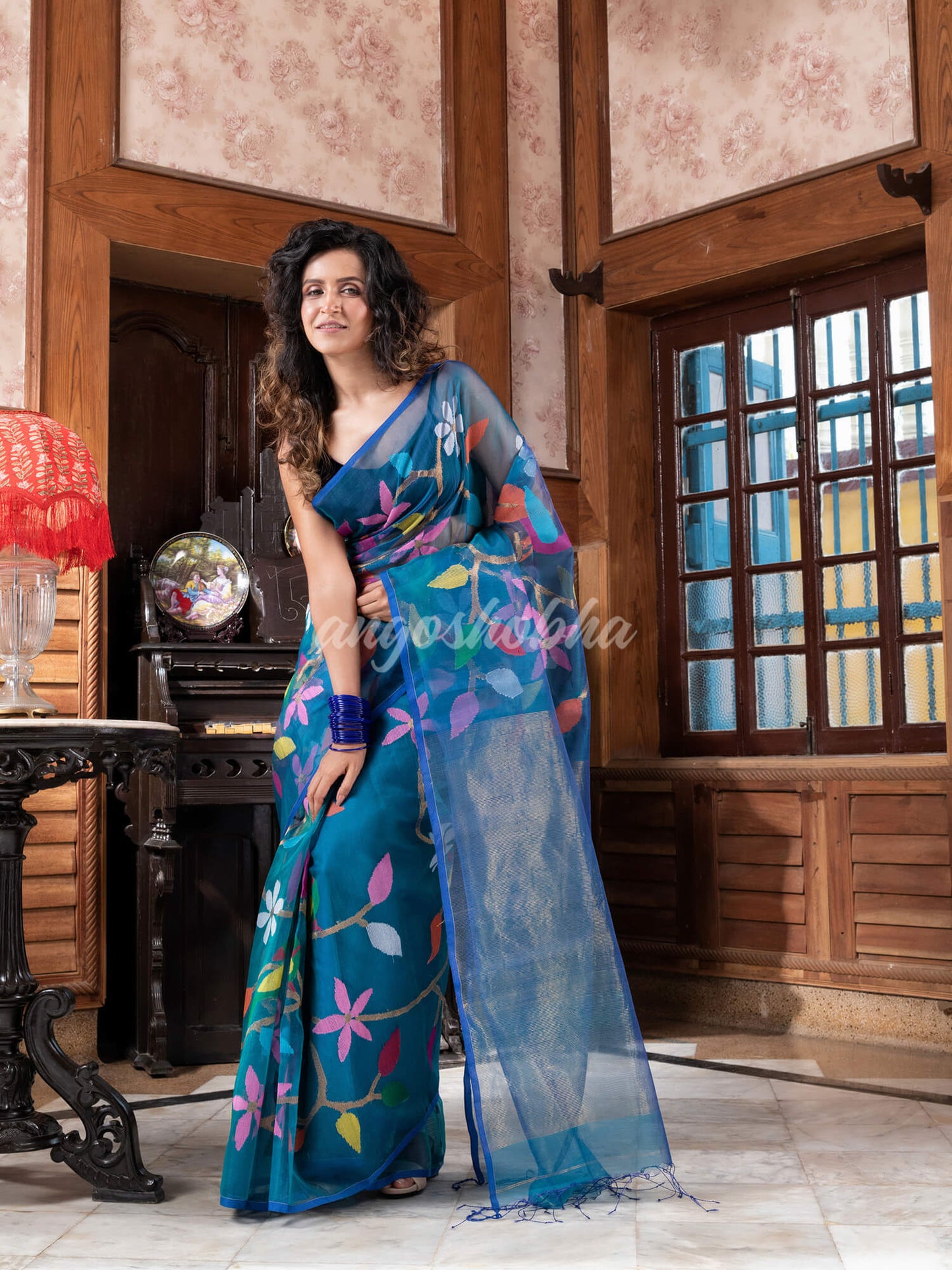 Turquoise Silk Handloom Jamdani Saree