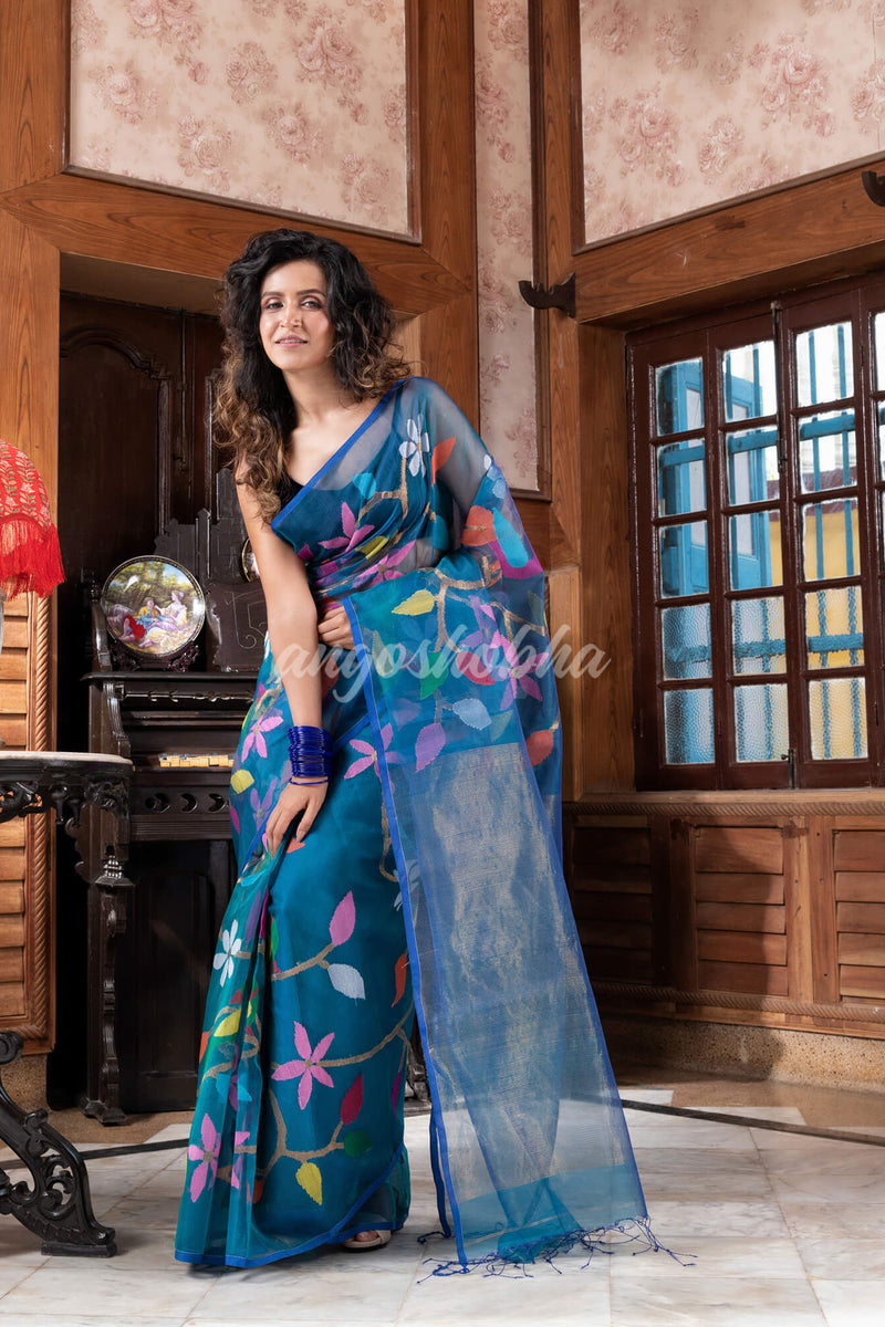 Turquoise Silk Handloom Jamdani Saree