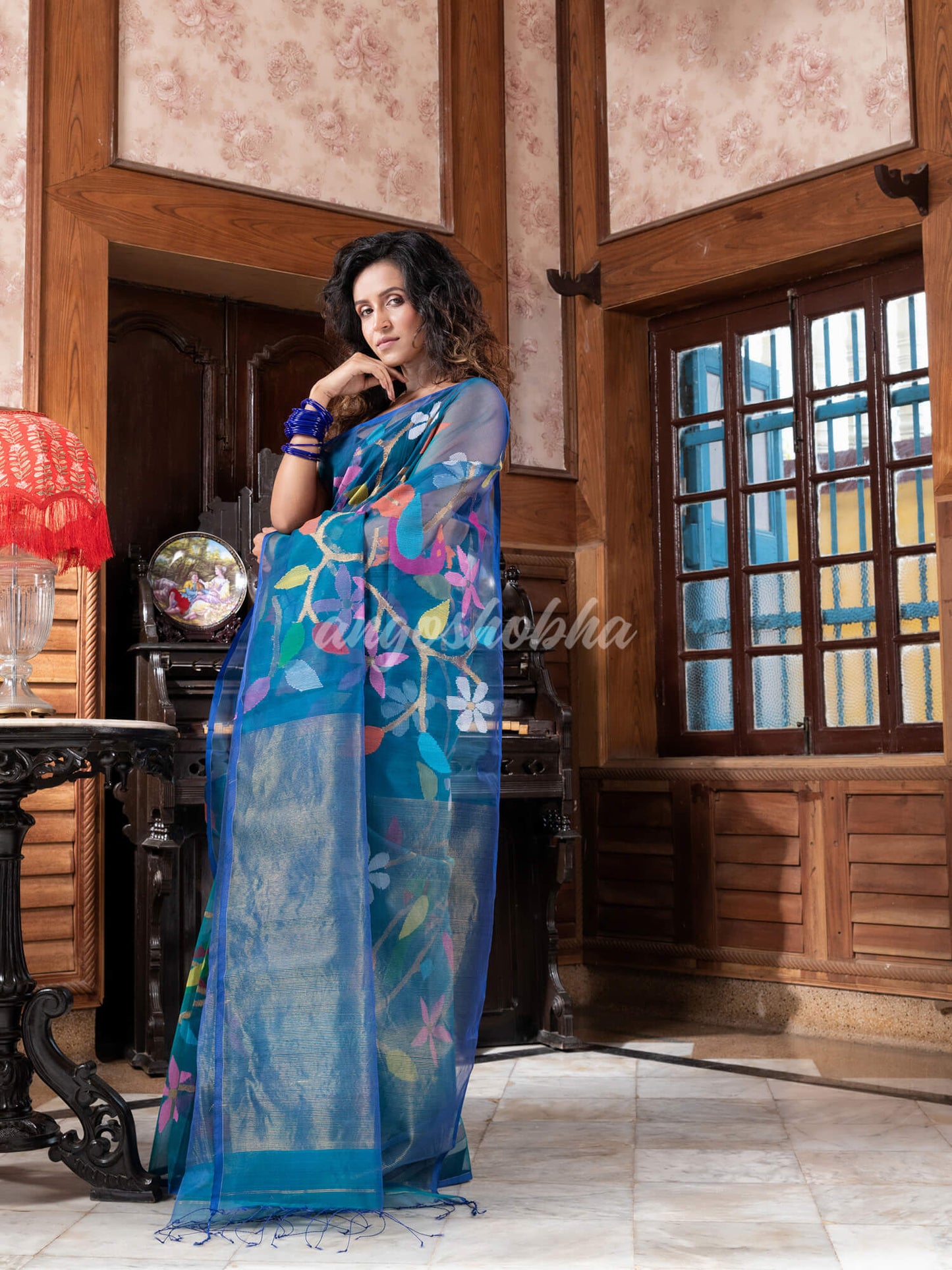 Turquoise Silk Handloom Jamdani Saree