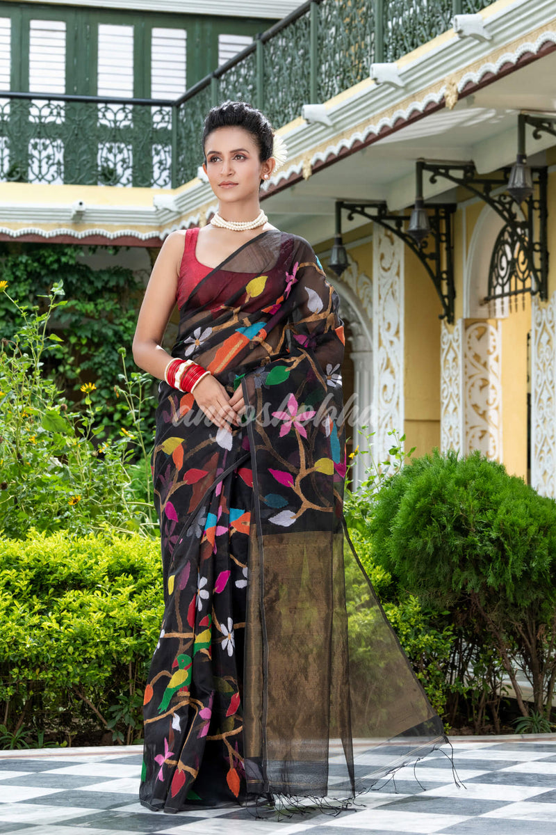 Black Silk Handloom Jamdani Saree