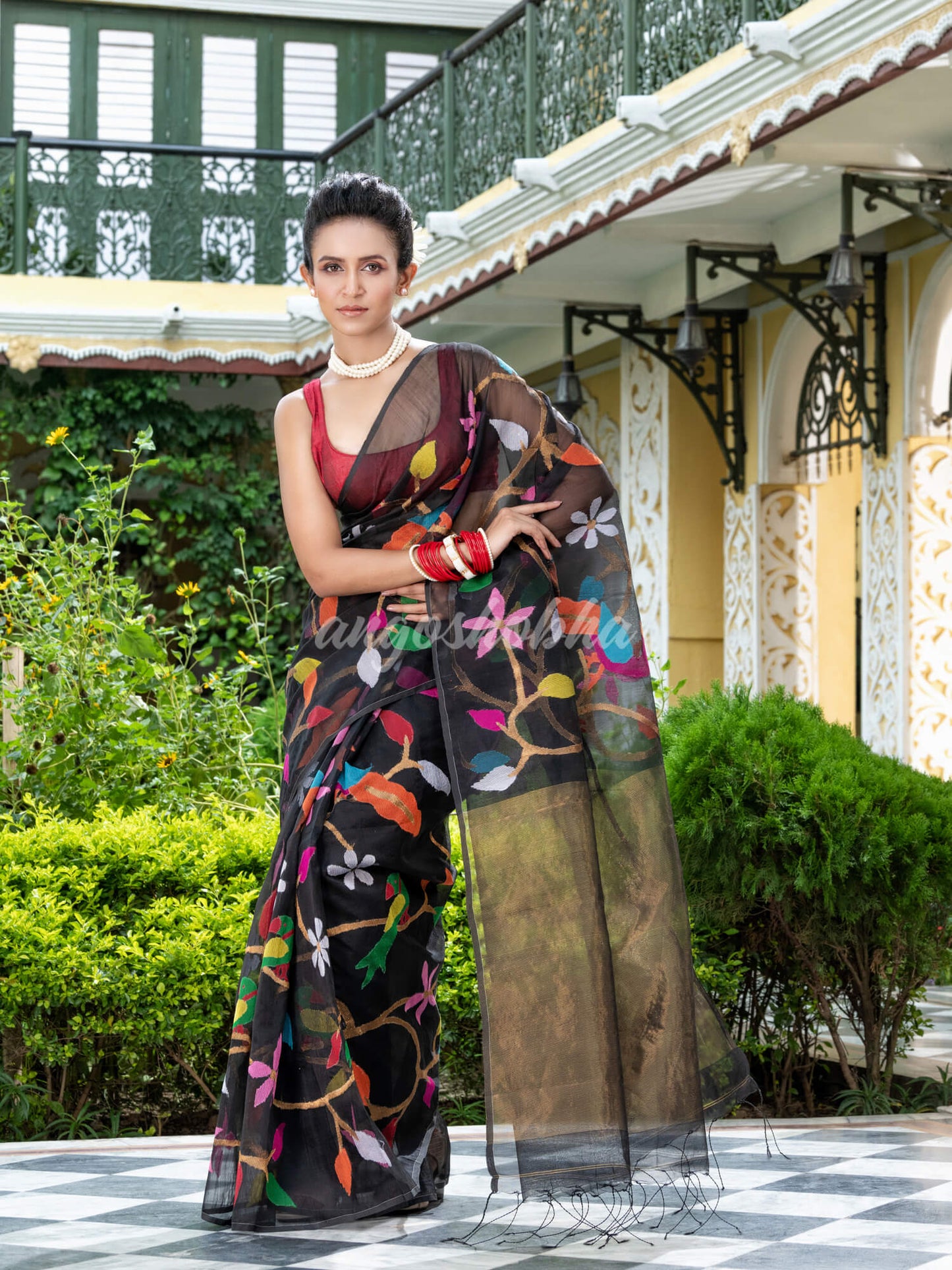 Black Silk Handloom Jamdani Saree